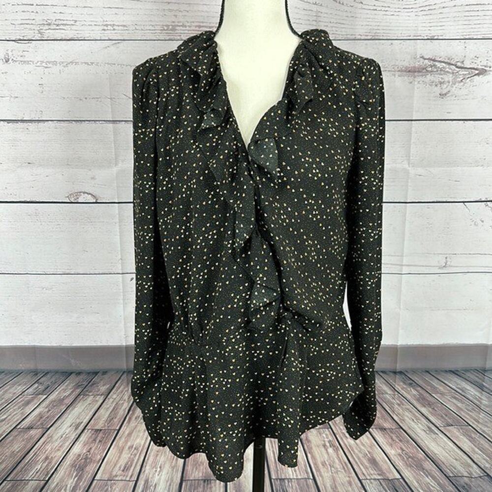 Cabi 4154 Eros Blouse Womens Medium Black Heart Ruffle Wrap Chiffon Flowy Career
